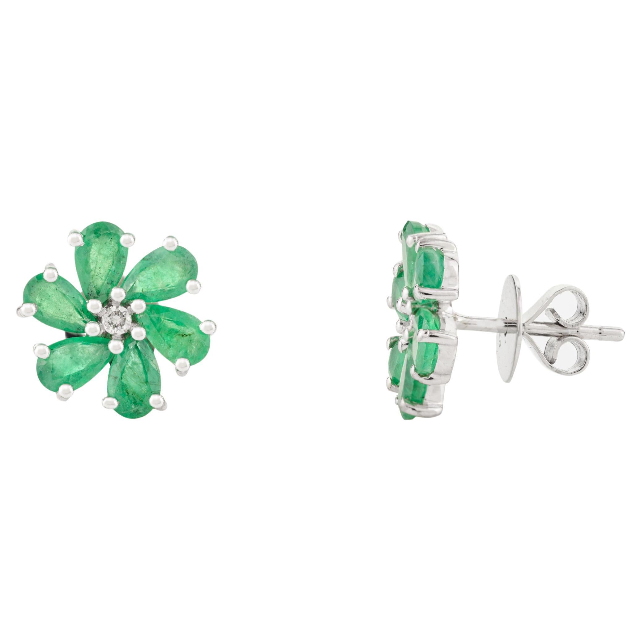 Natural Emerald Diamond Flower Stud Earrings with Prongs in 18k Solid White Gold