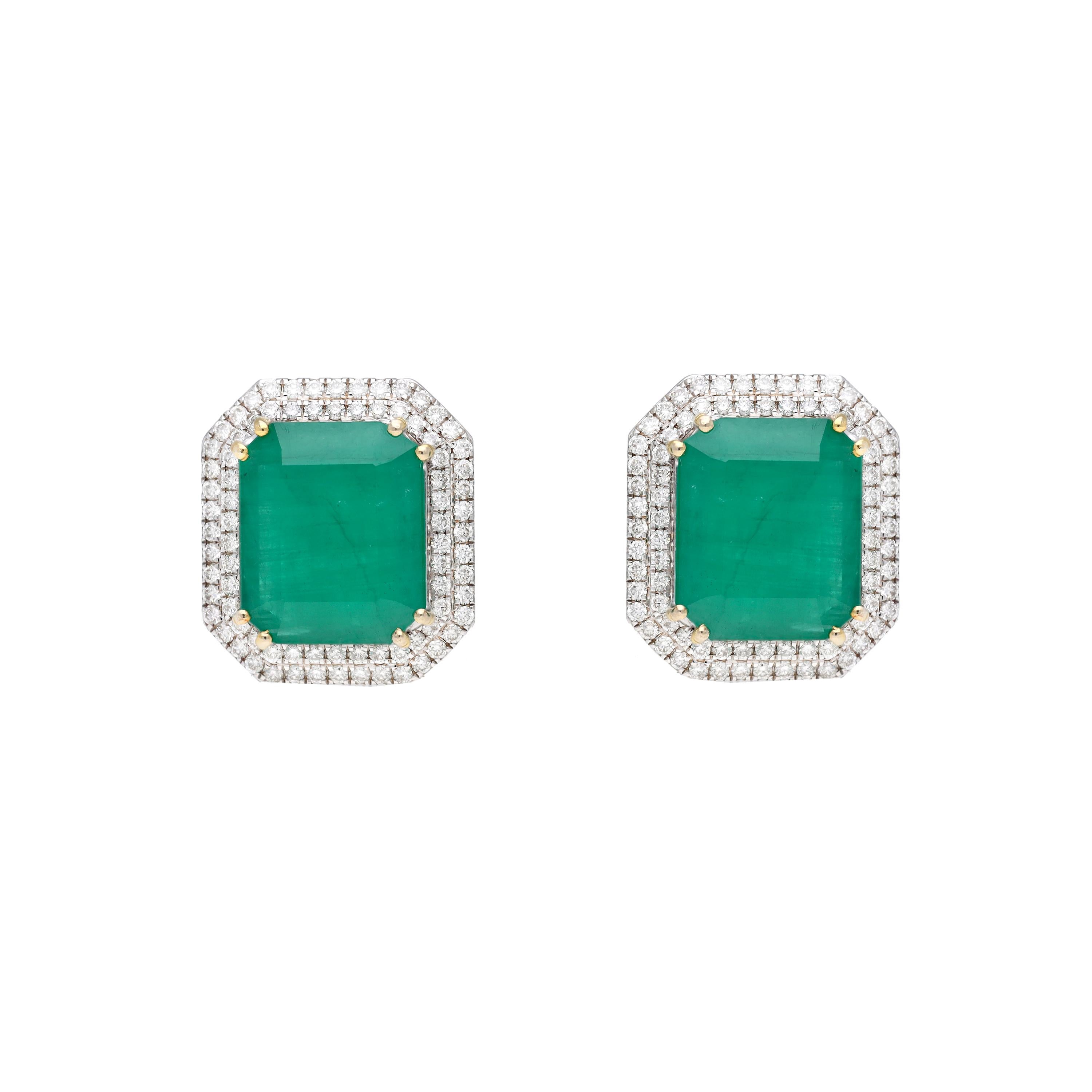 Emerald Cut Natural Emerald & Diamond Gold earring in 14k For Sale