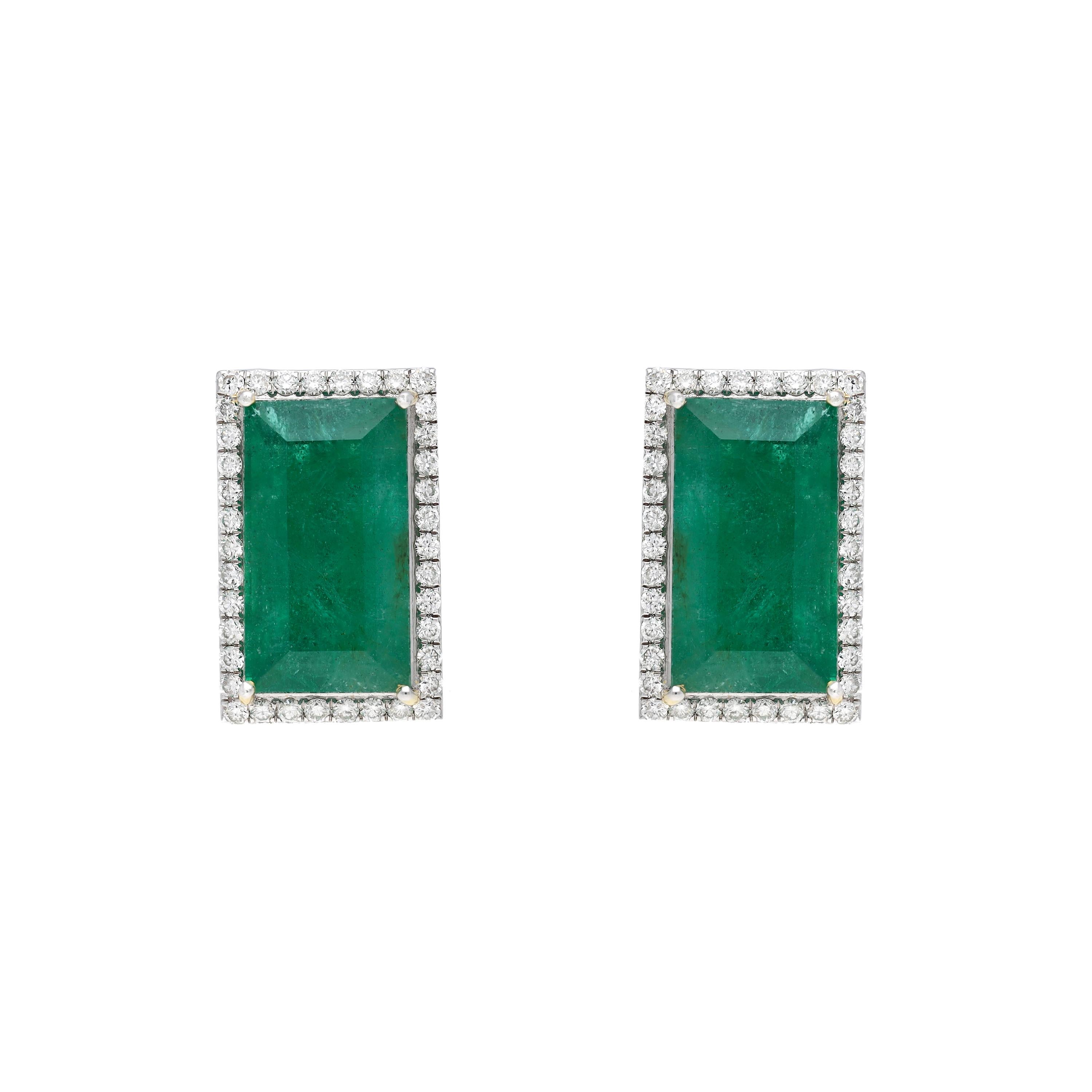 Donna Orecchino d'oro con smeraldo naturale e diamante in 14 carati in vendita