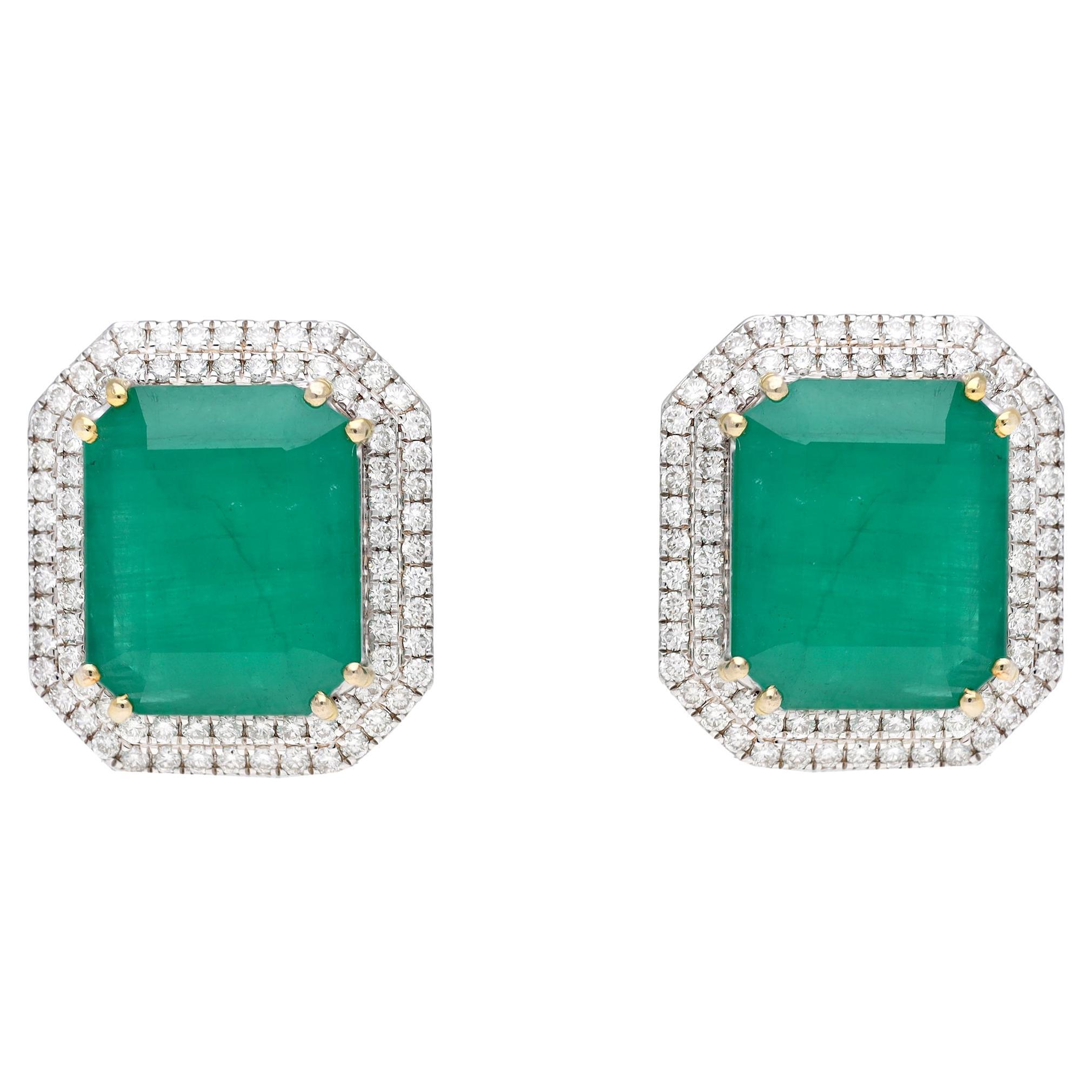 Natural Emerald & Diamond Gold earring in 14k For Sale