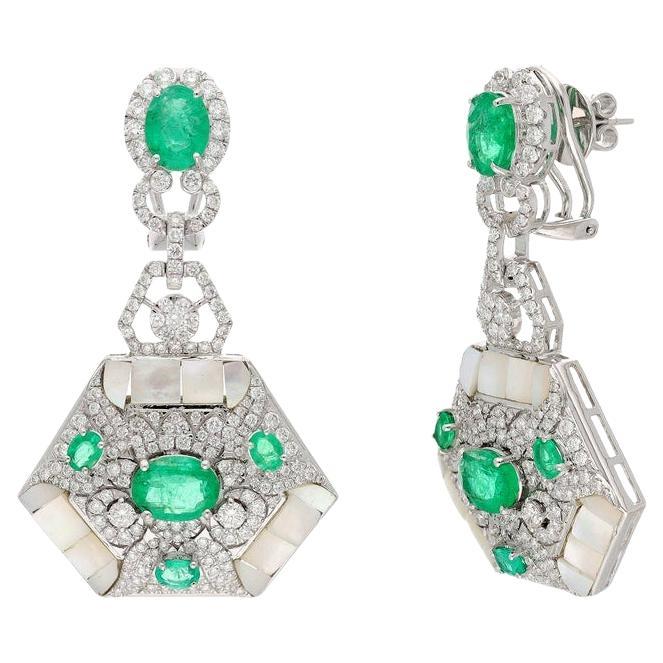 Natural Emerald & Diamond Drop Earrings in 18K White Gold, 9.79 Cts. For Sale