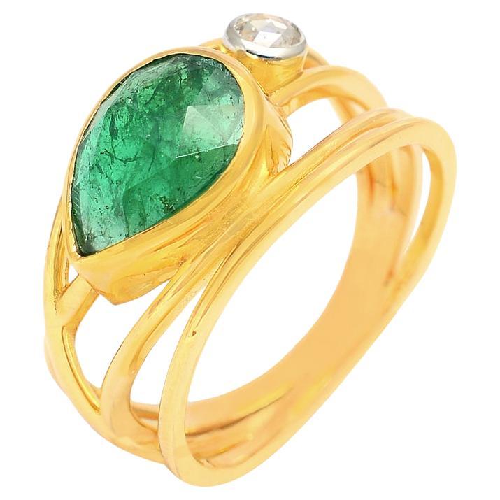Esmeralda Natural y Diamante Anillo de Oro de 14K