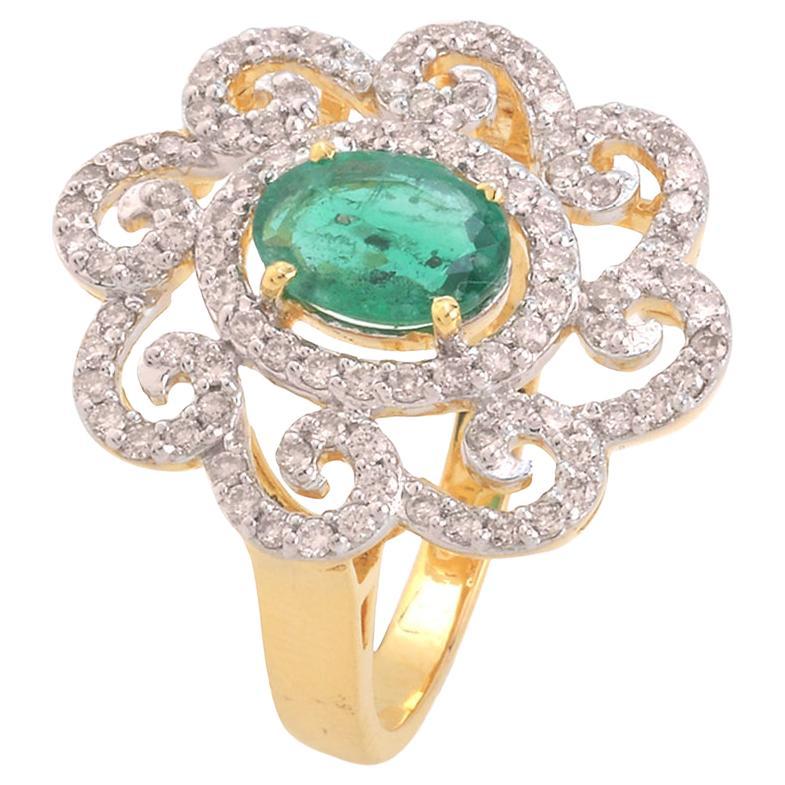 Natural Emerald & Diamond Gold Ring in 18K