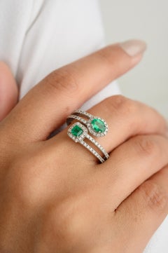 Natural Emerald Diamond Halo By Pass Wedding Ring for Her in 18k White Gold