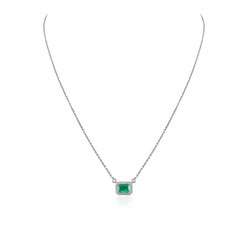 Natural Emerald Diamond Halo Chain Necklace 18k Solid White Gold