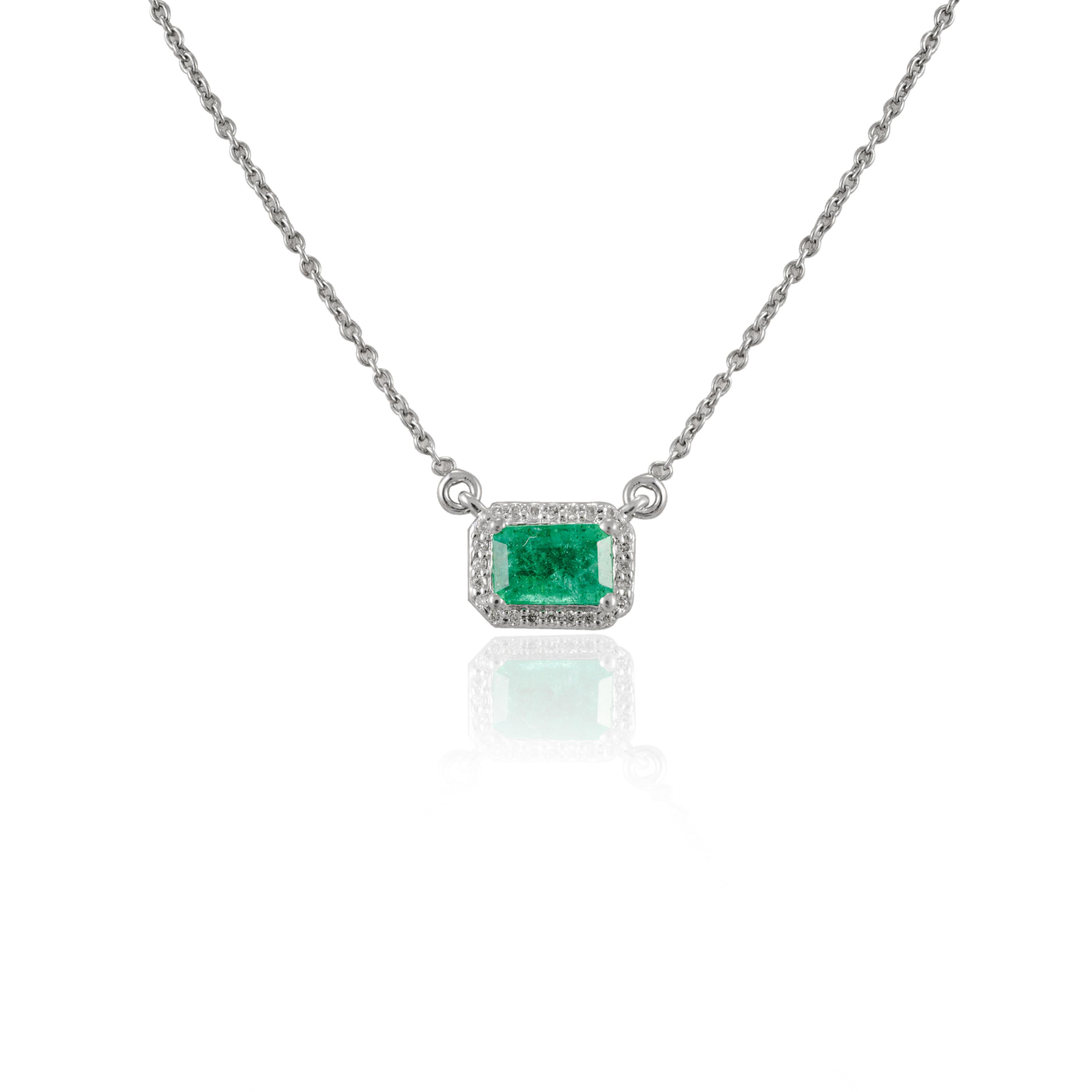 Octagon Cut Natural Emerald Diamond Halo Chain Necklace 18k Solid White Gold