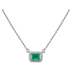 Natural Emerald Diamond Halo Chain Necklace 18k Solid White Gold