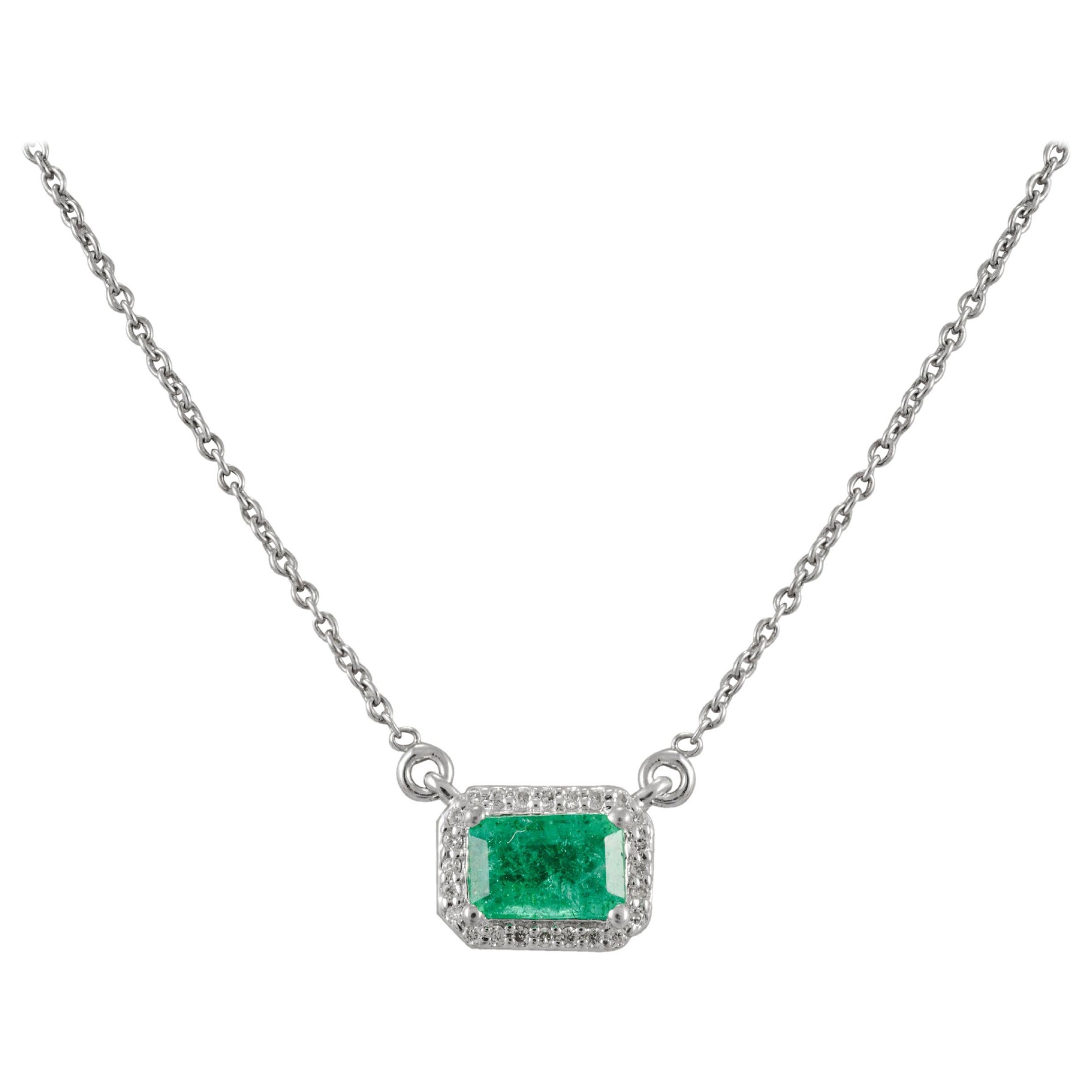Natural Emerald Diamond Halo Chain Necklace 18k Solid White Gold