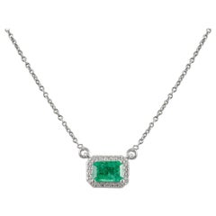 Natural Emerald Diamond Halo Chain Necklace 18k Solid White Gold