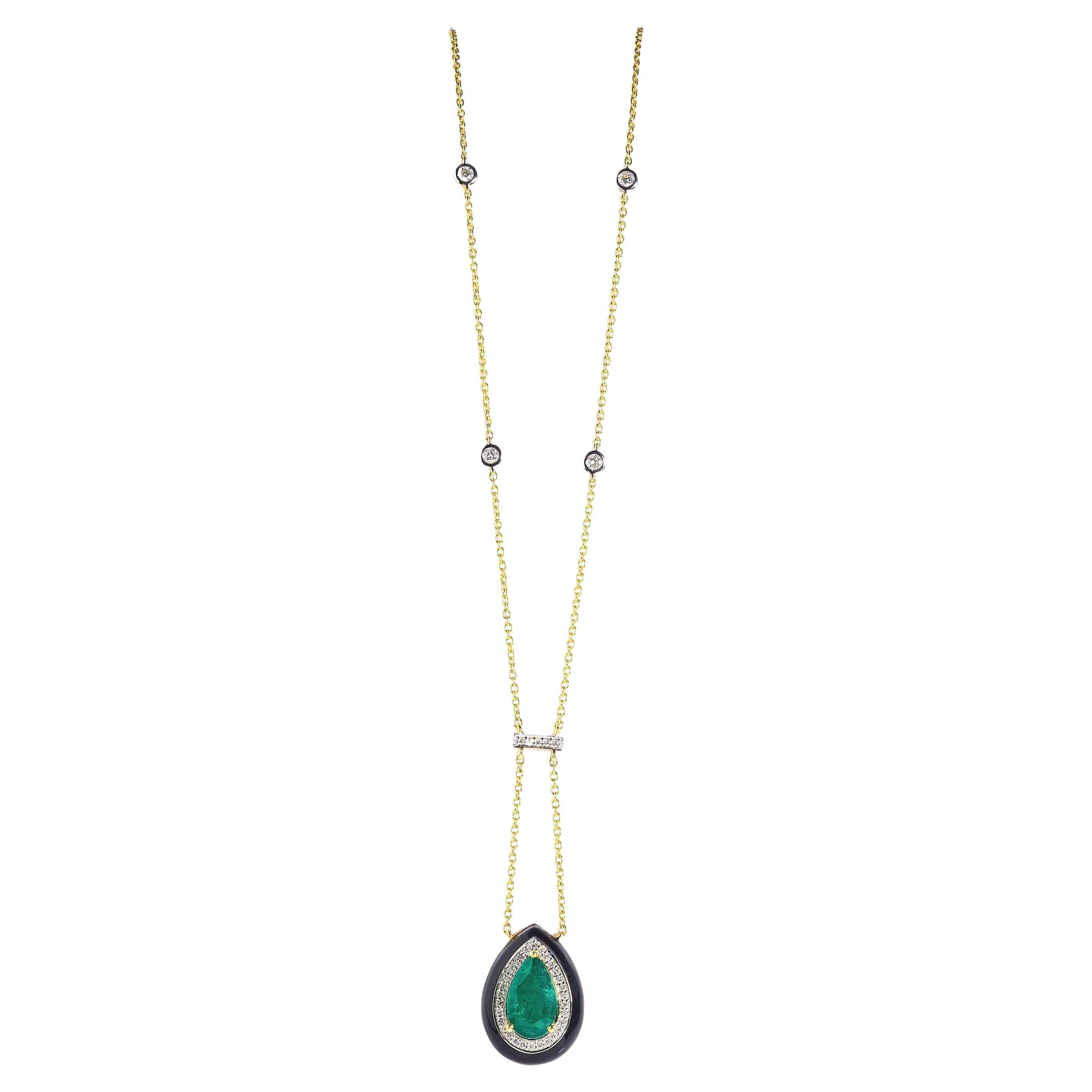 Natural Emerald Diamond Halo Drop Enamel Necklace in 14K Solid Gold (Certified) For Sale