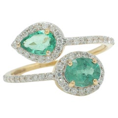 Natural Emerald & Diamond Halo Gem Bypass Ring in 14K Solid Gold (Certified)