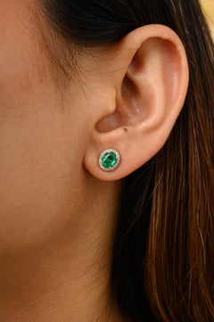 Natural Emerald Diamond Halo Oval Stud Earrings in 14k White Gold Gift for Mom