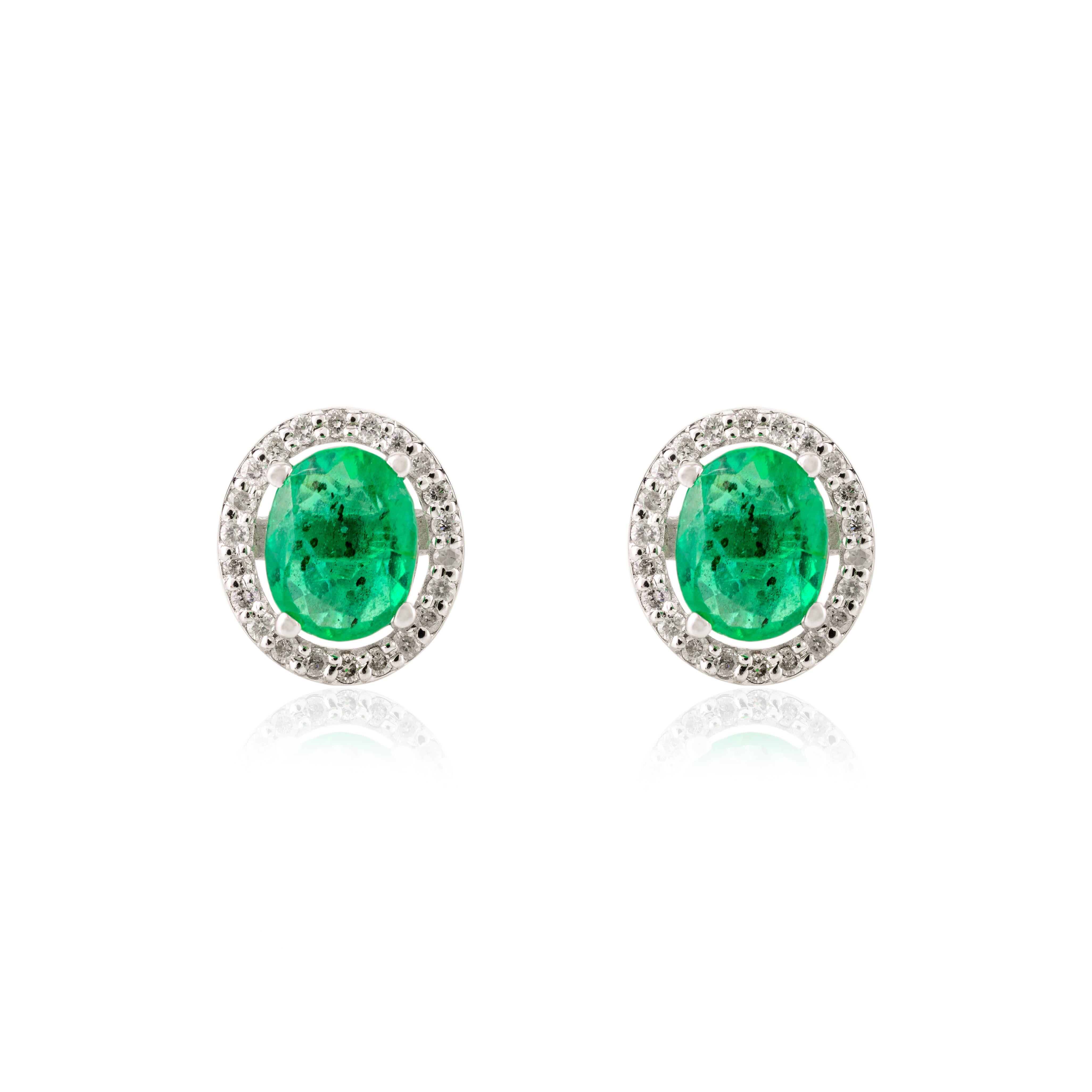 Natural Emerald Diamond Halo Oval Stud Earrings in 14k White Gold Gift for Mom In New Condition For Sale In Houston, TX