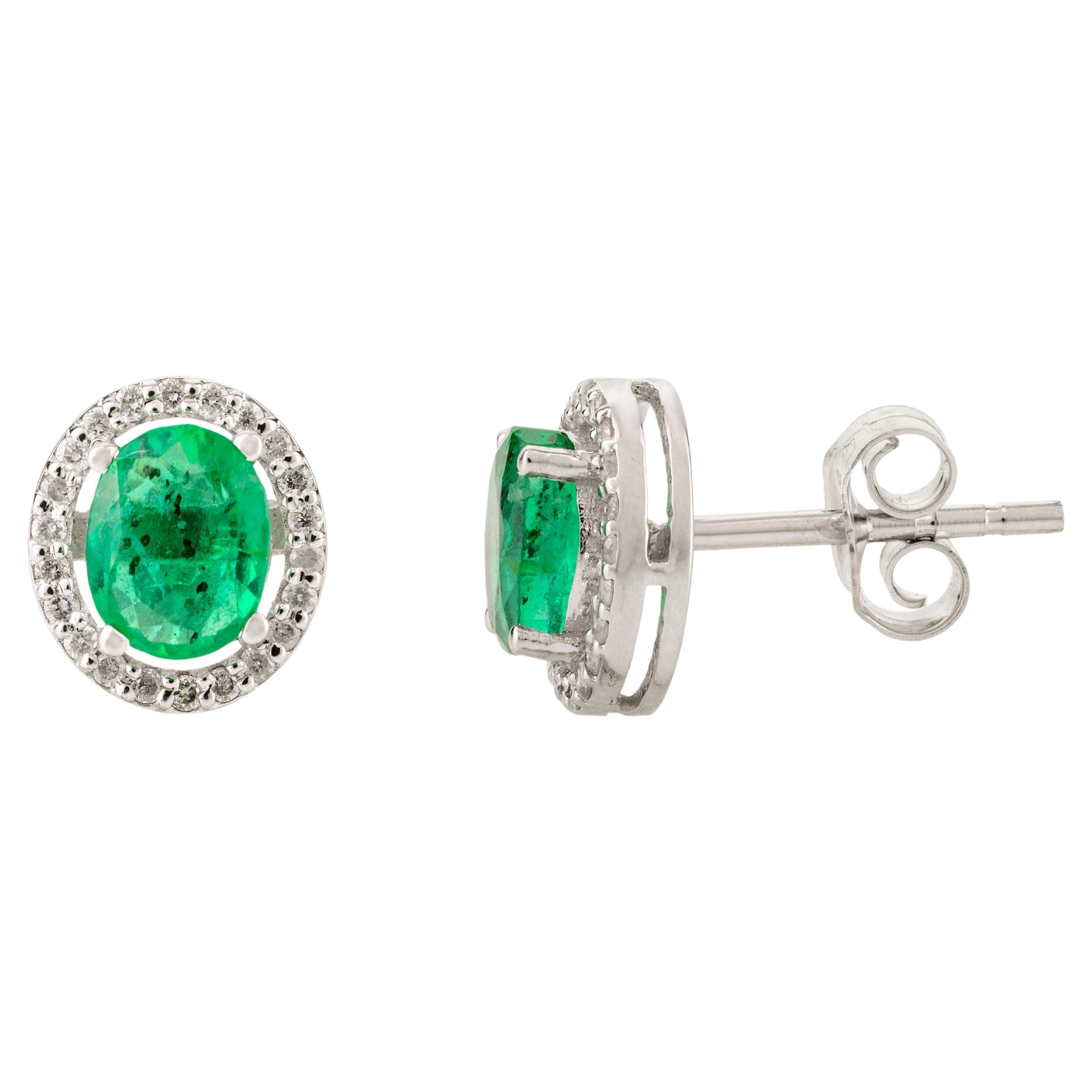 Natural Emerald Diamond Halo Oval Stud Earrings in 14k White Gold Gift for Mom For Sale