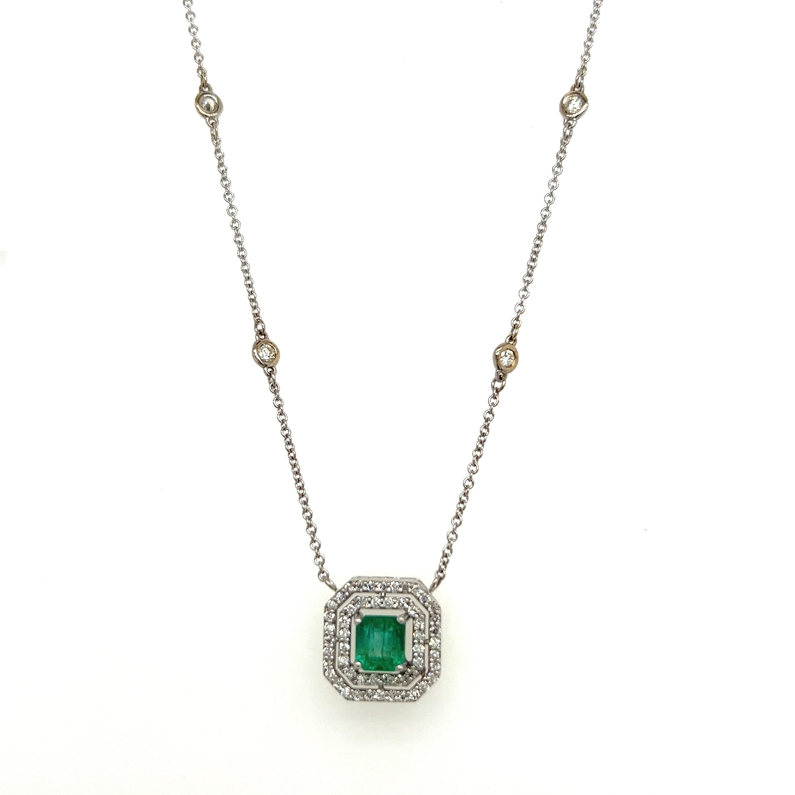 Emerald Cut Natural Emerald Diamond Halo Pendant With Chain 18