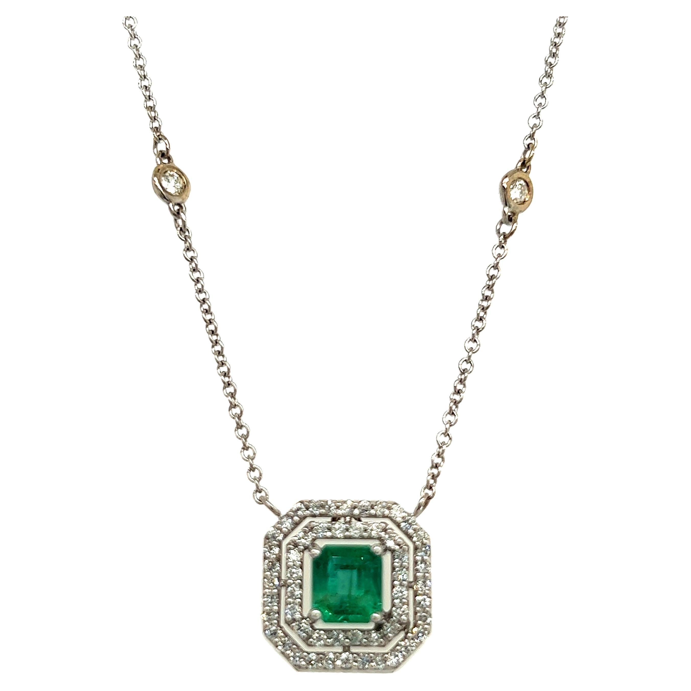 Natural Emerald Diamond Halo Pendant With Chain 18" 14k WG 1.26 TCW Certified