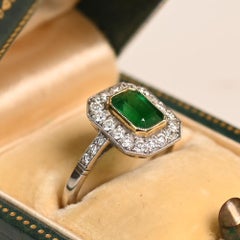 1 carat Emerald Engagement Ring. Old European Cut Diamond Halo Platinum 18k Gold
