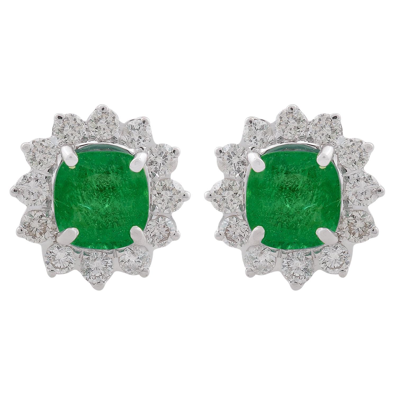 3.15 CTW Cushion Natural Emerald Diamond Halo Stud Earrings 18 Karat White Gold