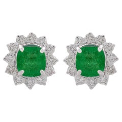 3.15 CTW Cushion Natural Emerald Diamond Halo Stud Earrings 18 Karat White Gold