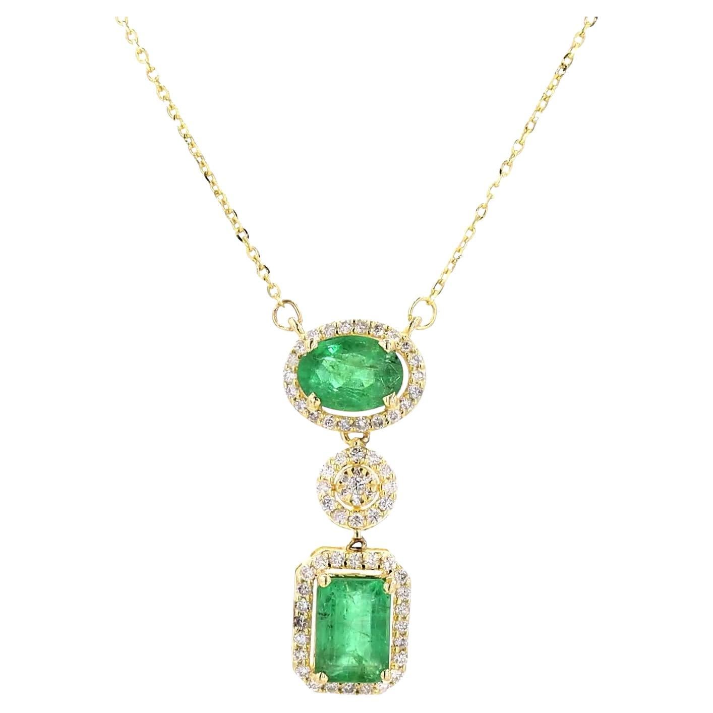 Collana a strati con smeraldo naturale e diamanti in oro massiccio 14k (certificato)