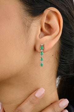 Natural Emerald Diamond Long Dangle Drop Wedding Earrings in 18k White Gold