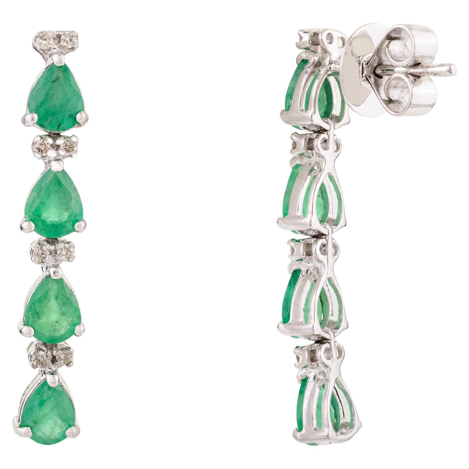 Natural Emerald Diamond Long Dangle Drop Wedding Earrings in 18k White Gold