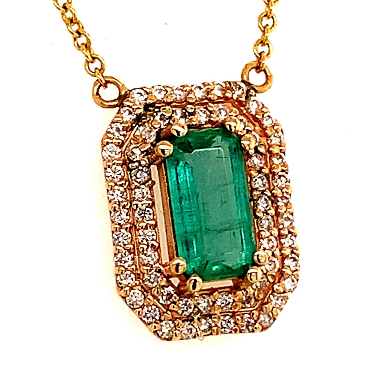 Natural Finely Faceted Quality Emerald Diamond Necklace 14k Gold 1.21 TCW 16