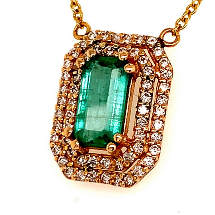Emerald Cut Natural Emerald Diamond Necklace 14k Gold 1.21 Tcw Certified For Sale