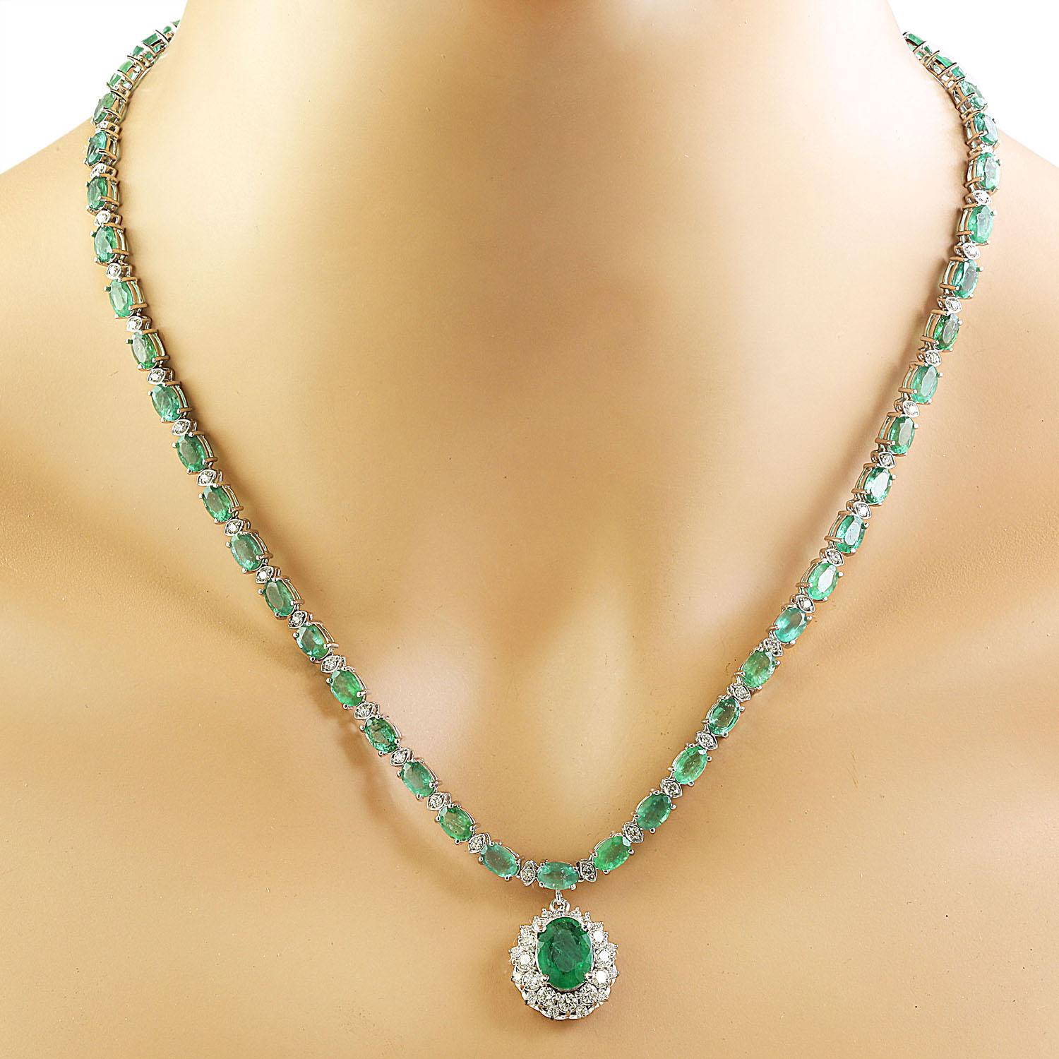 27.16 Carat Natural Emerald 14 Karat Solid White Gold Diamond Necklace
Stamped: 14K
Total Necklace Weight: 27 Grams
Necklace Length: 18 Inches
Center Emerald Weight: 2.22 Carat (11.00x8.00 Millimeters)
Side Emerald weight: 22.62 Carat (6.00x4.00
