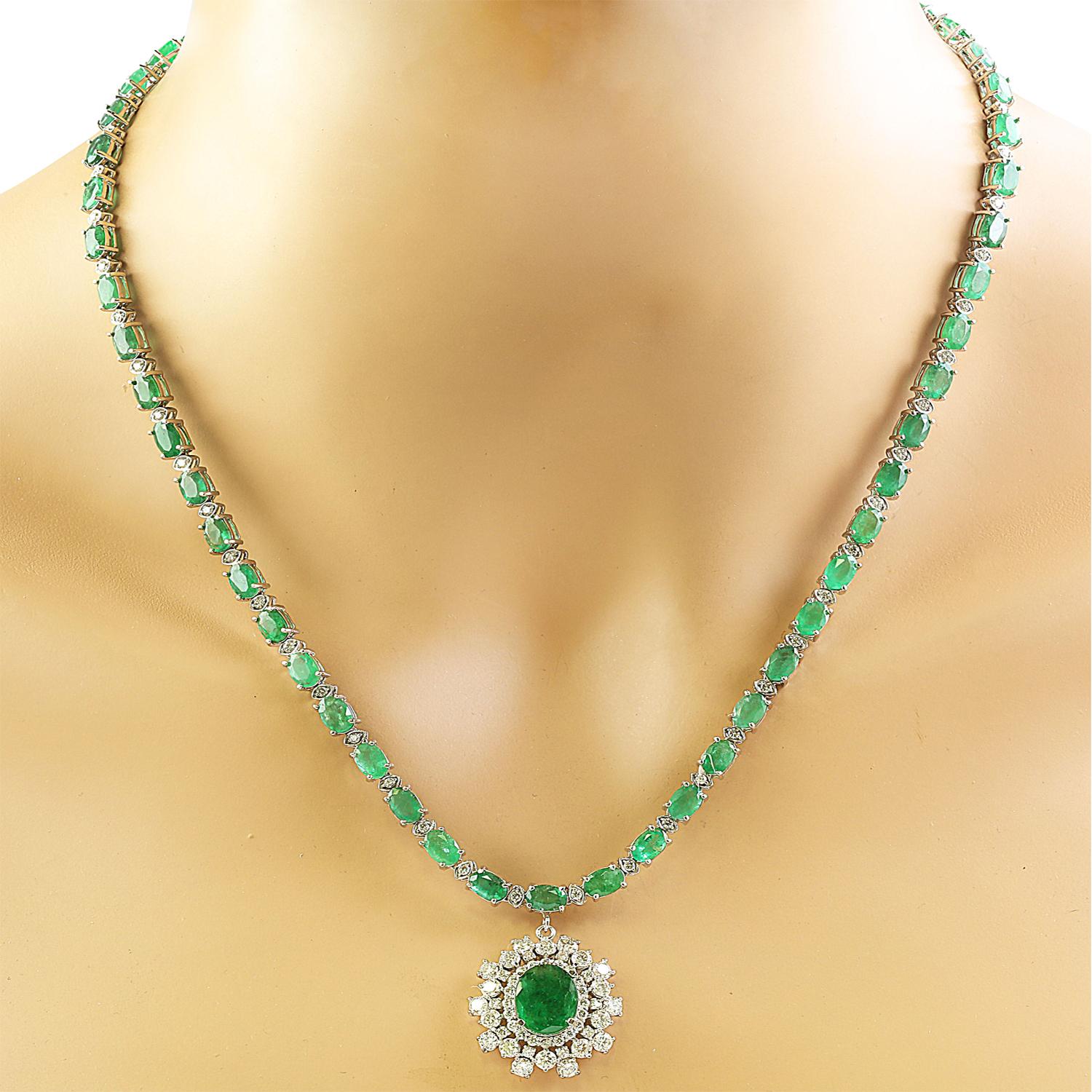 Oval Cut Natural Emerald Diamond Necklace in 14 Karat Solid White Gold  For Sale