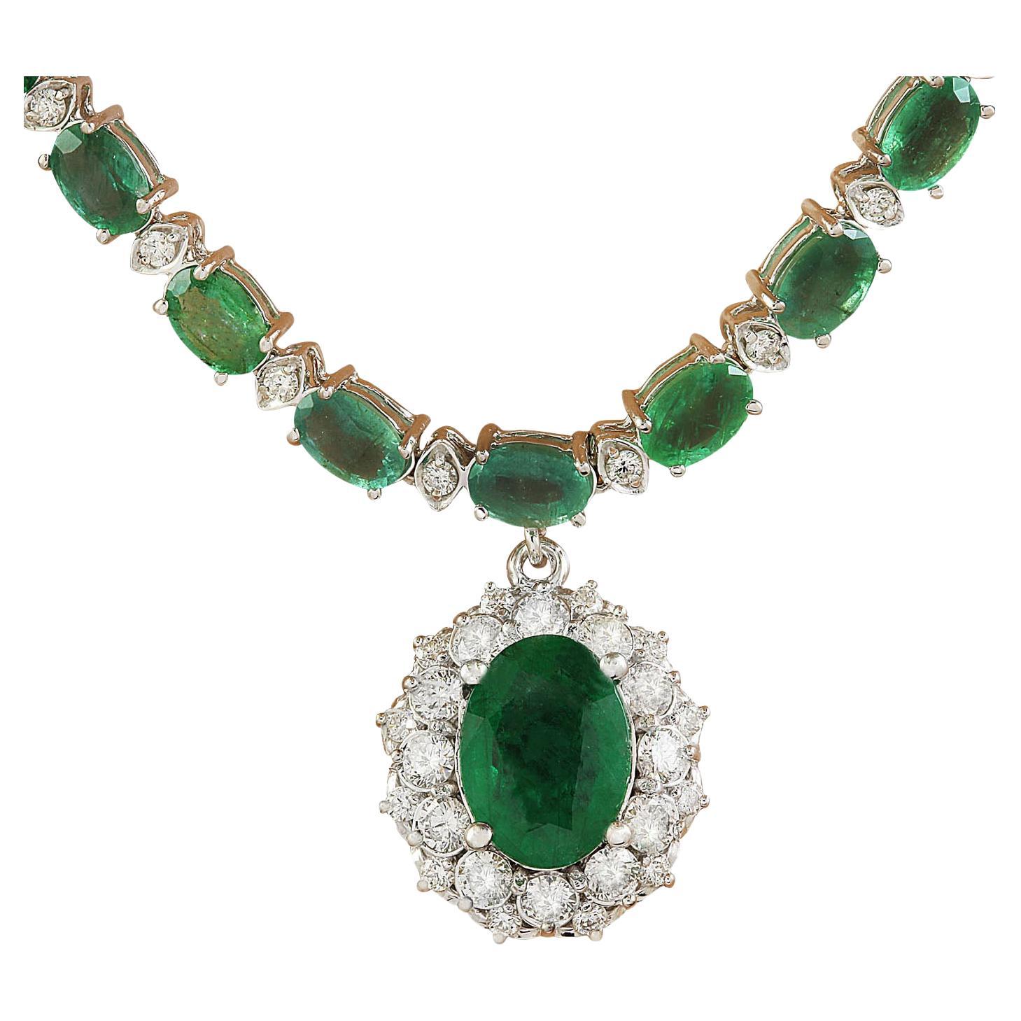 Natural Emerald Diamond Necklace in 14 Karat Solid White Gold  For Sale