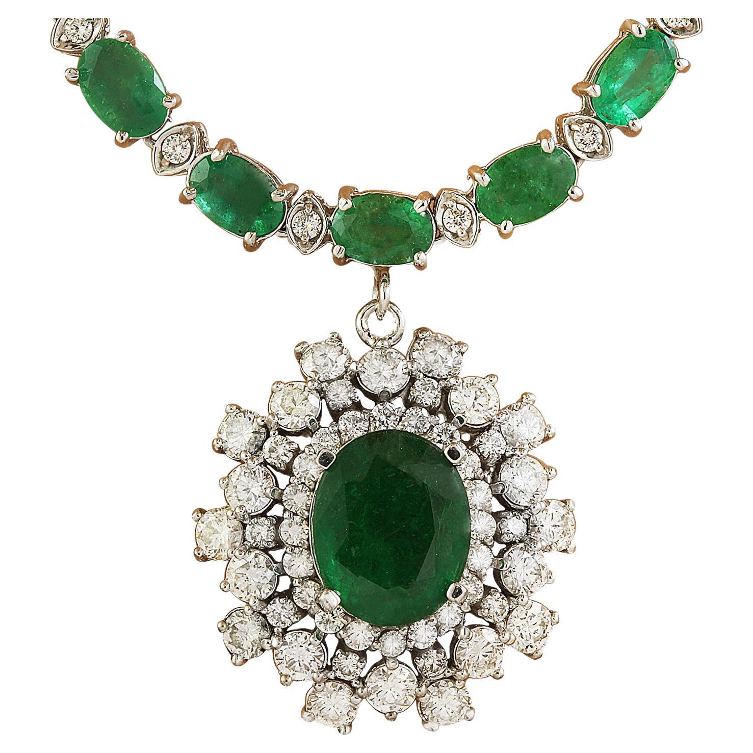 Natural Emerald Diamond Necklace in 14 Karat Solid White Gold  For Sale