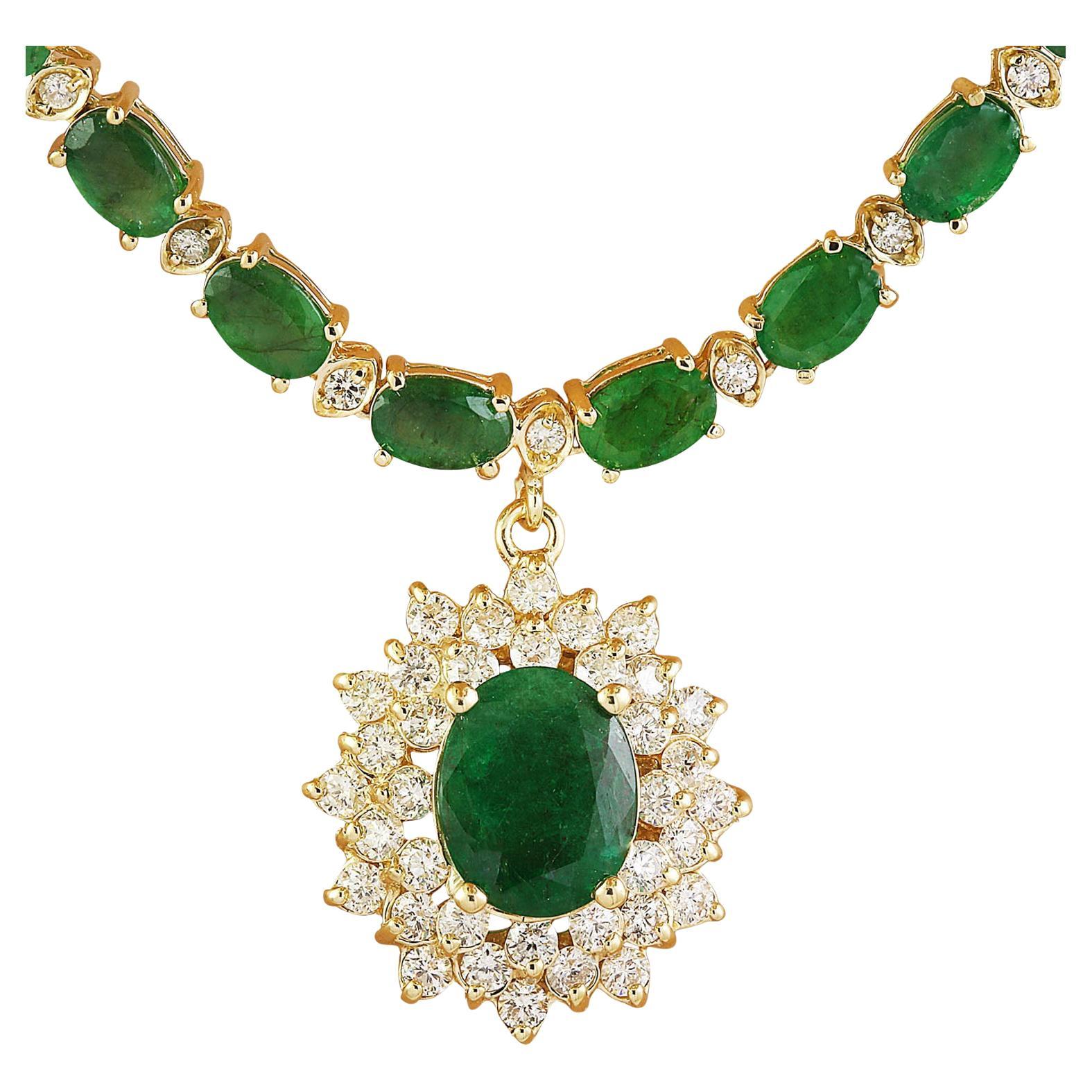 Natural Emerald Diamond Necklace In 14 Karat Yellow Gold For Sale