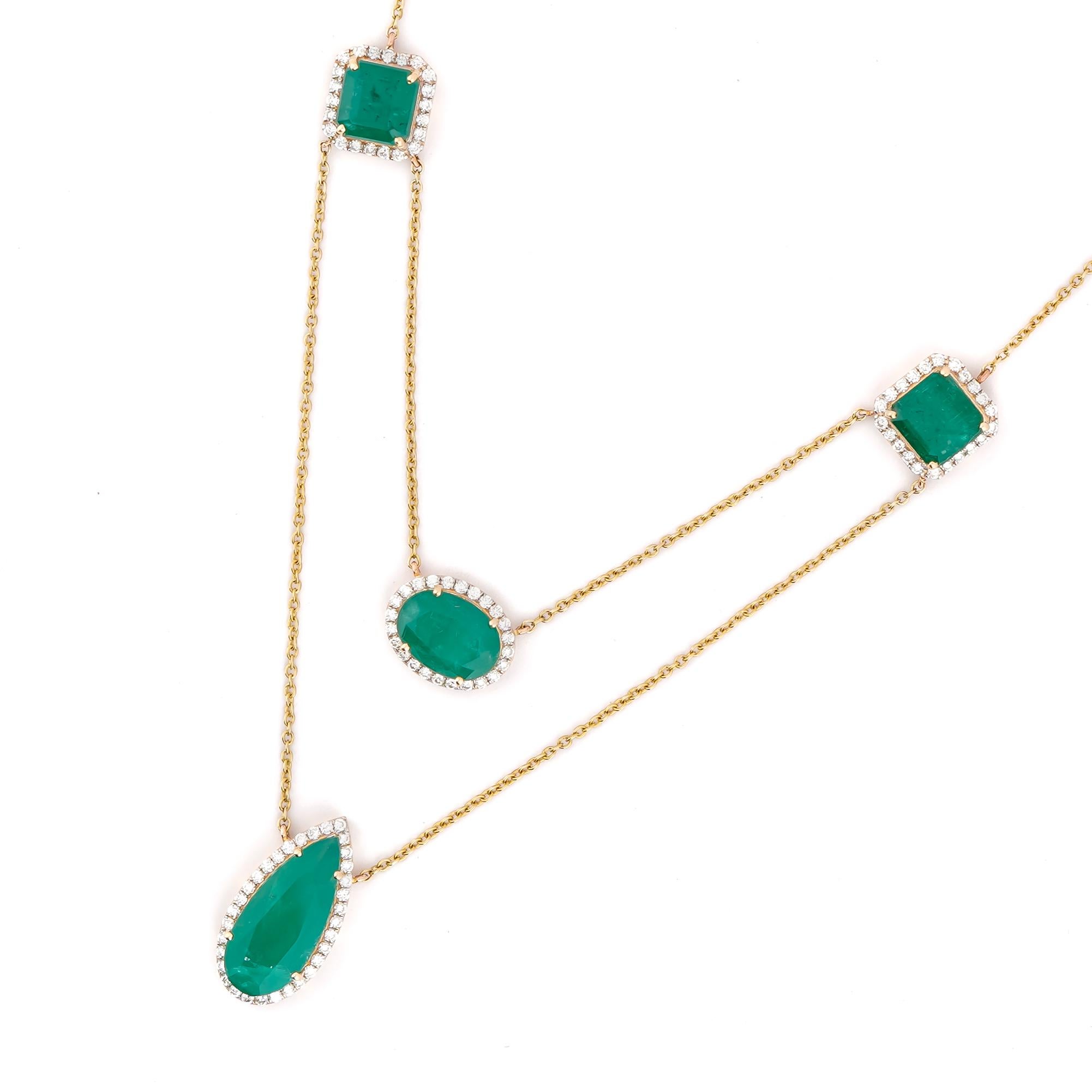 Taglio smeraldo Collana di smeraldi naturali e diamanti in oro 14k in vendita