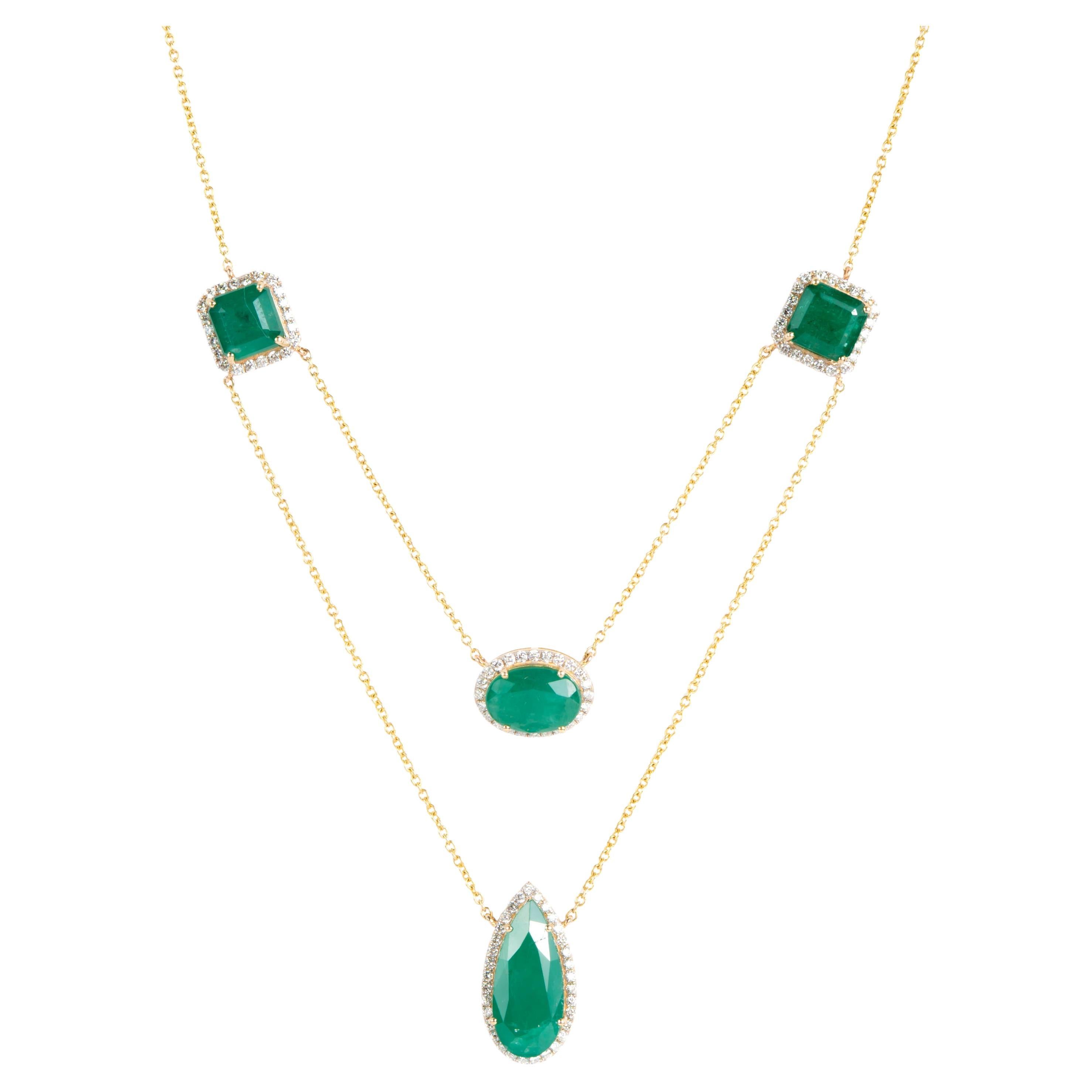 Natural Emerald & diamond Necklace in 14k gold