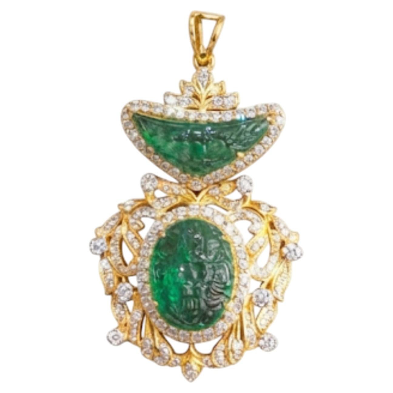 Emerald and Diamond Pendant in 18K Gold, 2.14ct Diamonds, 16ct Emerald