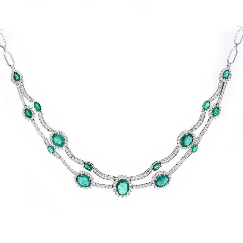 Natural Emerald Diamond Necklace, Solid 18k White Gold Natural Diamond Handmade