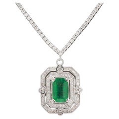 Natural Emerald Diamond Necklace, Vintage Wedding Necklace