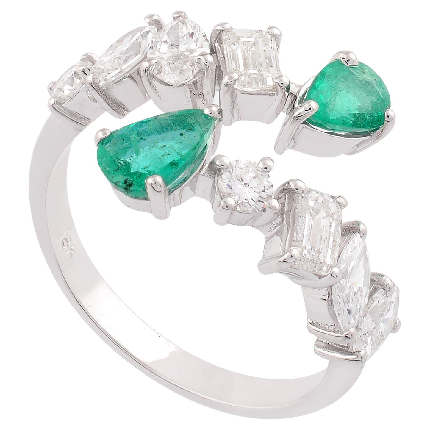 For Sale:  Natural Emerald Diamond Open Wrap Ring Gift for Wedding in 18k Solid White Gold