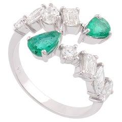 Natural Emerald Diamond Open Wrap Ring Gift for Wedding in 18k Solid White Gold