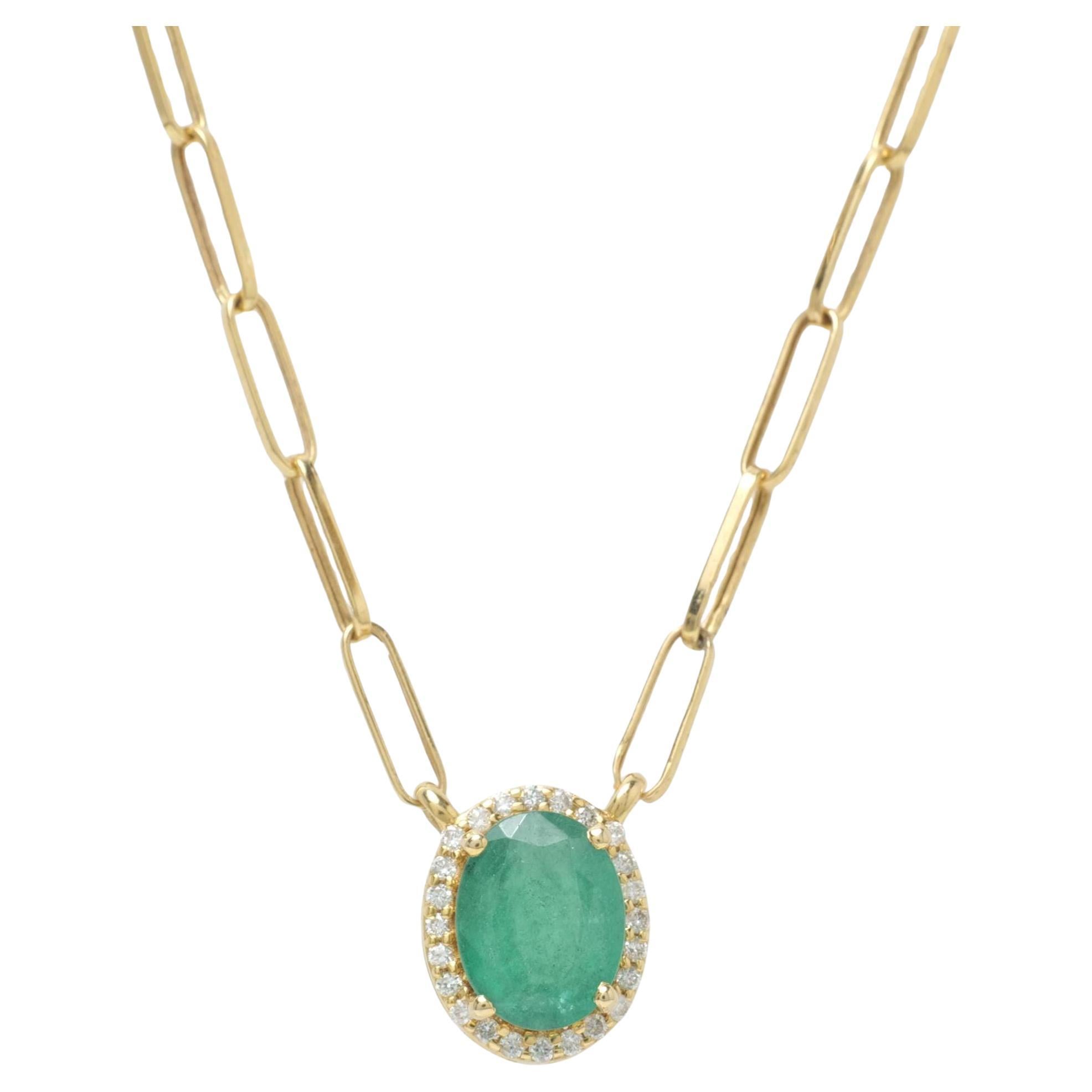 Natural Emerald & Diamond Paperclip Chain Necklace in 14K Solid Gold (Certified) For Sale