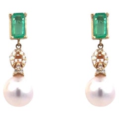 Natural Emerald Diamond Pearl Earrings 14k Yellow Gold 1.15 TCW Certified