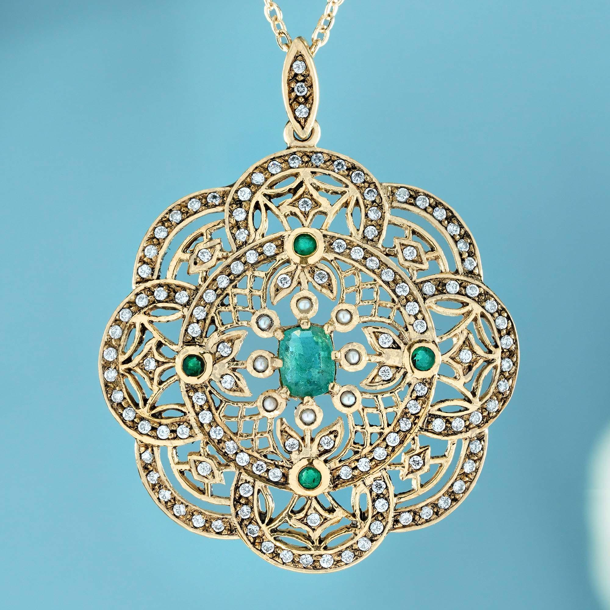 The intricate filigree setting in this exquisite pendant is a true masterpiece of jewelry craftsmanship. Delicate scrolls and swirls dance across the surface, creating a mesmerizing play of light and shadow. The centerpiece is a natural emerald in a