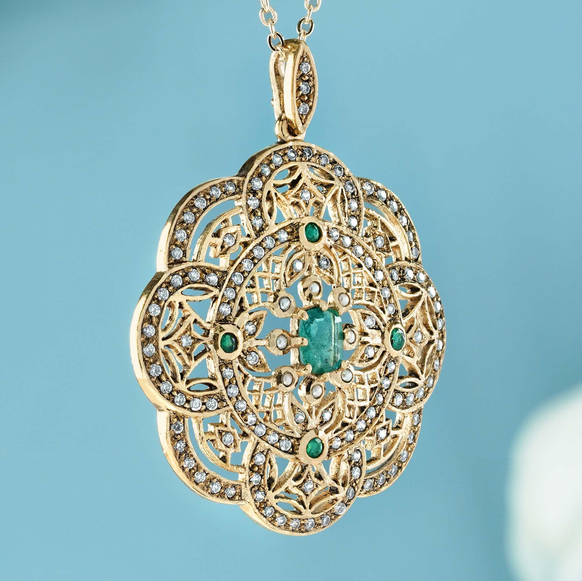 Edwardian Natural Emerald Diamond Pearl Vintage Style Filigree Pendant in solid 9K Gold For Sale