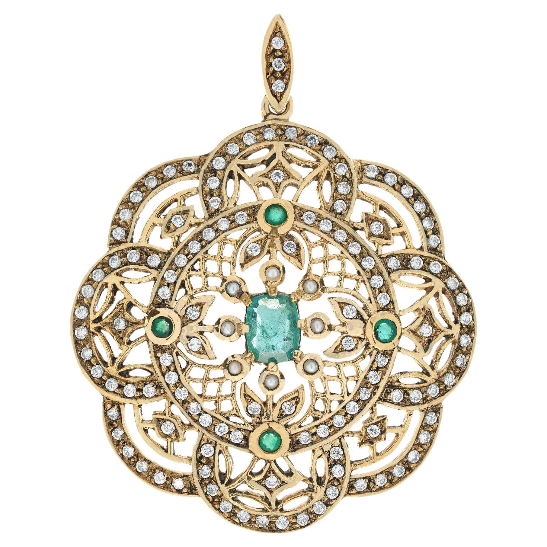 Natural Emerald Diamond Pearl Vintage Style Filigree Pendant in solid 9K Gold For Sale