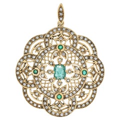Natural Emerald Diamond Pearl Vintage Style Filigree Pendant in solid 9K Gold