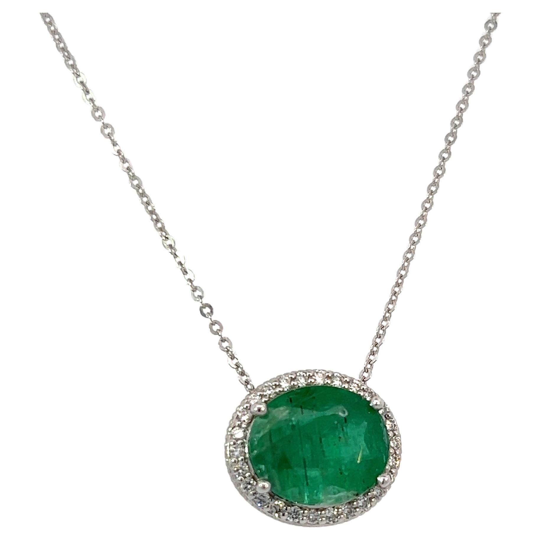 Natural Emerald Diamond Pendant Necklace 15" 14k WG 4.06 TCW Certified For Sale