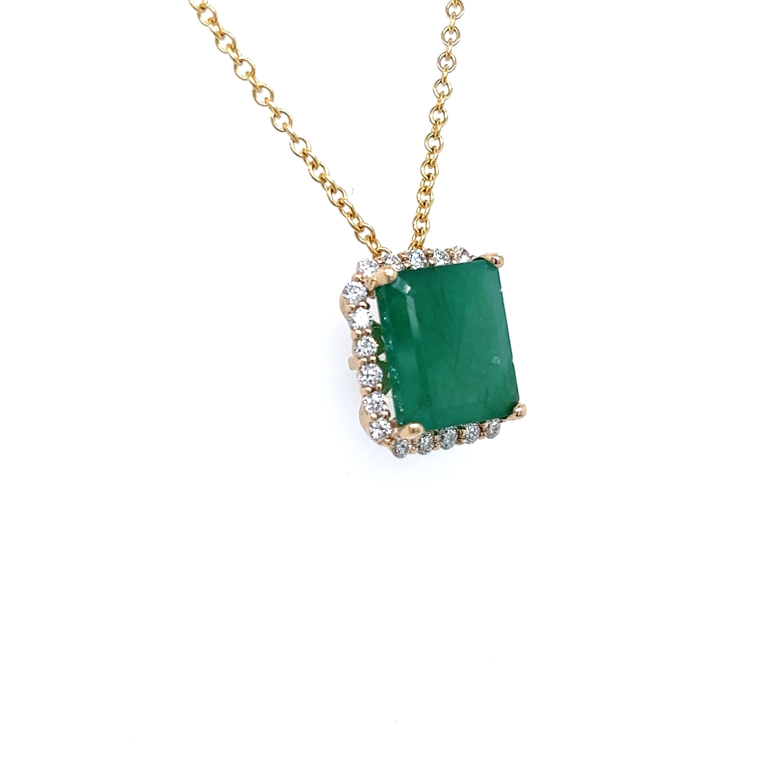 Emerald Cut Natural Emerald Diamond Pendant Necklace 14k Yellow Gold 5.05 TCW Certified For Sale