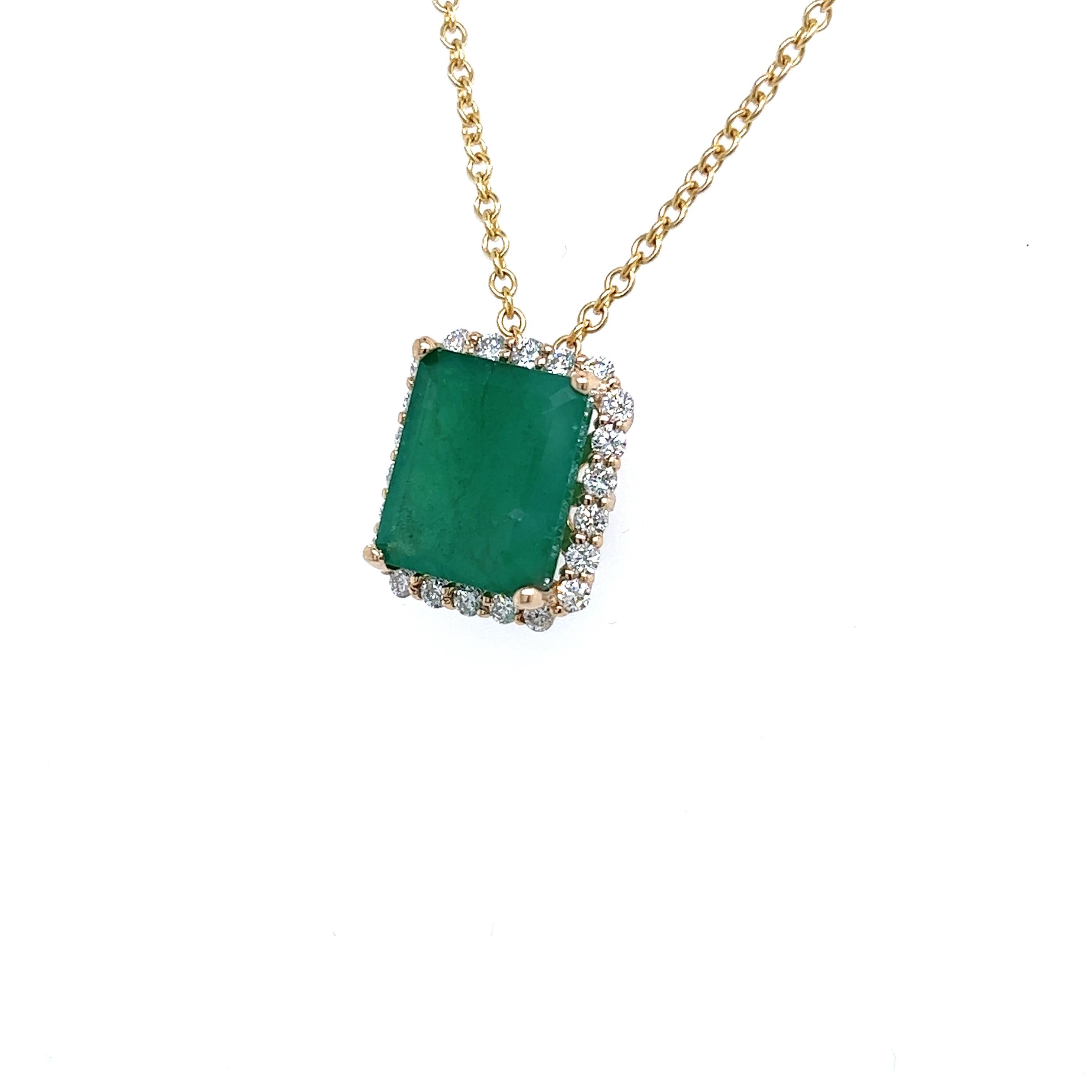 Natural Emerald Diamond Pendant Necklace 14k Yellow Gold 5.05 TCW Certified For Sale 1