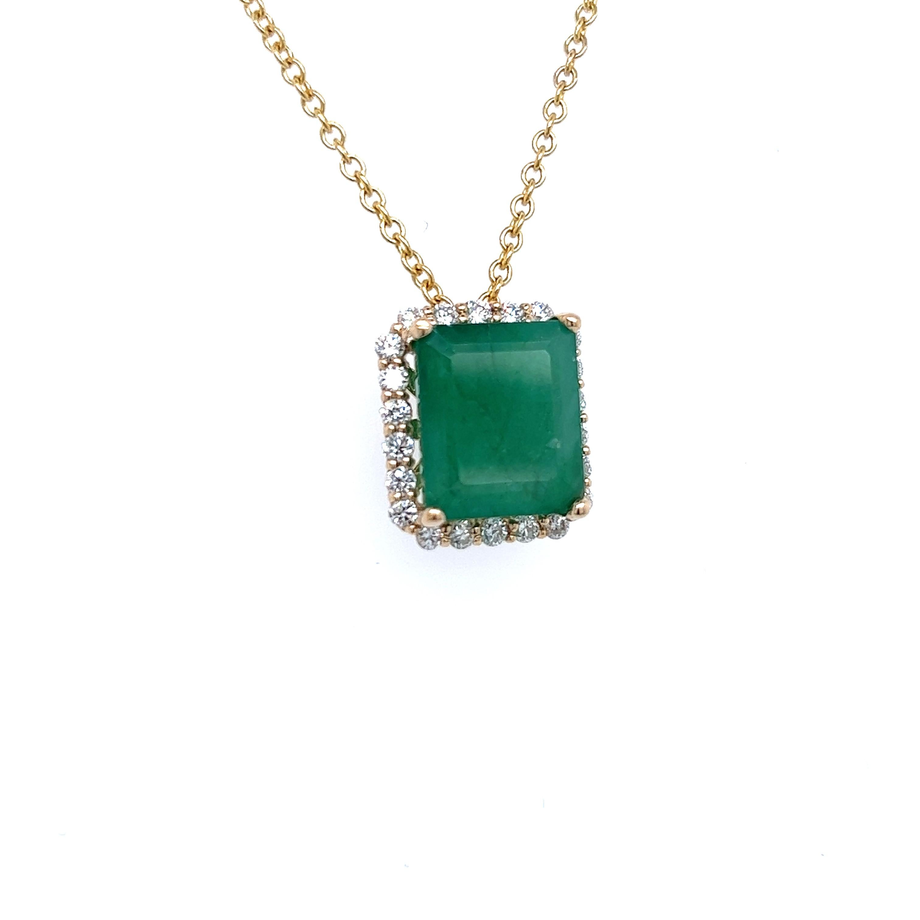 Natural Emerald Diamond Pendant Necklace 14k Yellow Gold 5.05 TCW Certified For Sale 2